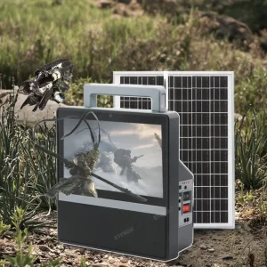10 Inch Solar TV with Lead Acid Battery Dual Remote Bulbs and Complete Accessory Set for Camping or Emergency Use