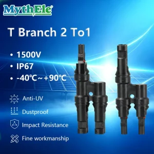 1000V 50A IP67 防水 PPO UL94 V-0 T 型太阳能电池板电缆连接器，用于光伏并联连接