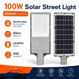 100W 2000LM Die-Cast Aluminum IP65 Waterproof Solar Street Light with Remote Control for Outdoor Road Use