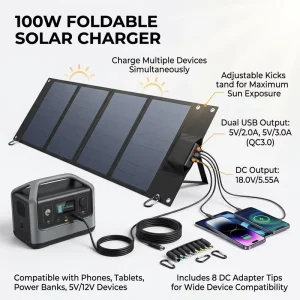 100W High Efficiency Black Portable 4 Fold Monocrystalline Solar Panel Adjustable Stand Waterproof Foldable QC3.0 Outdoor