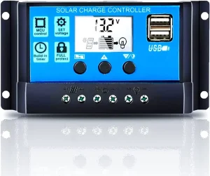 10A Solar Charge Controller 12V 24V Solar Panel Charge Controller with USB Port LCD Display Compatible with Sealed Gel