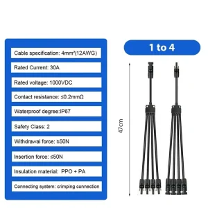 10AWG 太阳能连接器 Y 型分支 1 公头转 4 母头预接线电缆 M/FFF & F/MMM IP67 太阳能电池板延长电缆
