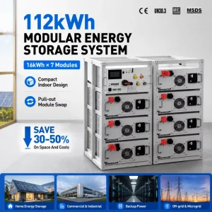 112kWh LiFePO4 Modular Energy Storage System 16kWh x 7 Battery Cabinet Industrial Indoor with Pull-Out Hot-Swap Design