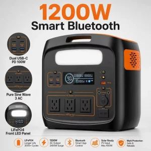 1200W Portable Power Station LiFePO4 Dual USB-C PD Bluetooth Smart LED 3 AC Pure Sine Wave Camping RV Home