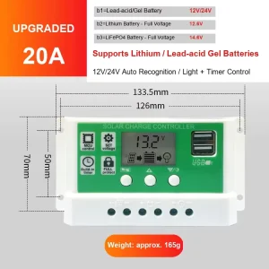 12V 24V 20A Universal PWM Solar Charger for Lithium LiFePO4 GEL Lead-Acid Batteries LCD & USB 10-60A