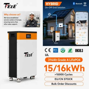 15 16kWh Home Solar Energy Storage System 51.2V 300Ah 314Ah Grade a LiFePO4 Battery with 100A 200A Smart BMS for Off Grid Use