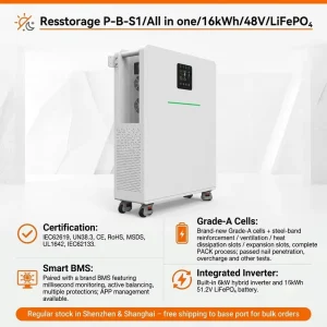 15.36kWh 6kW 51.2V 300Ah LiFePO4 Hybrid Energy Storage Battery with Inverter