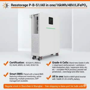 15.36kWh 6kW Emergency Power Supply System 51.2V 300Ah LiFePO4 Battery Inverter All in One for Home Backup