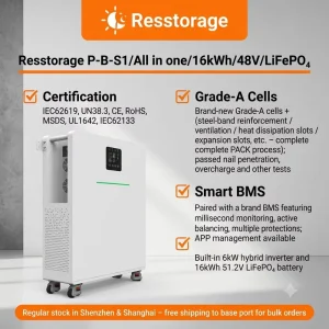 15.36kWh 6kW MPPT Solar Charge Controller Inverter 51.2V 300Ah LiFePO4 All in One Energy Storage for Home
