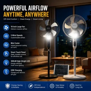 16 Inch Solar Fan with Solar Panel Solar Powered Standing Fan with Light Rechargeable Solar Electric Fan with Mist Cooler