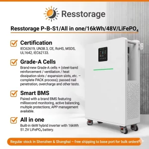16.08kWh 6kW LiFePO4 Battery System with Inverter, 51.2V 314Ah, All-in-One Home Energy Storage