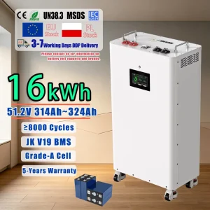 16Kwh 48V 51.2V 314Ah 330Ah LiFePO4 Battery Vertical Style 4.3 Inch LCD Display JK V19 BMS with Bluetooth for Home Use
