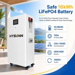 16kWh LiFePO4 Battery 51.2V 314Ah Lithium Battery Floor-Standing JK BMS Touch Screen UN38.3 MSDS Certified Solar Panel
