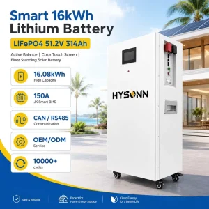 16kWh LiFePO4 Lithium Battery 51.2V 314Ah with Active-Balance BMS, Color Touchscreen, Floor-Standing Solar Battery