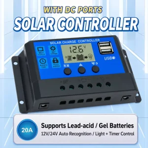 20A 12V 24V PWM Solar Controller with Dual DC Ports for Lead-Acid GEL LCD Monitoring & Dual USB