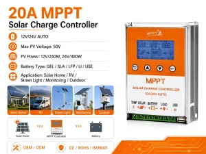 20A MPPT Off-Grid Solar Charge Controller for RV and Boat with ≥98% Charging Efficiency and RS485