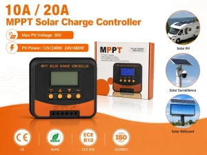 20A Solar MPPT Charge Controller Photovoltaic Regulator 12V/24V Automatic Identification for Off-Grid Home Systems