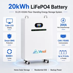 20kWh 51.2V LiFePO4 Floor Standing Solar Battery 410Ah Ground Mounted Home Energy Storage System for Backup Power