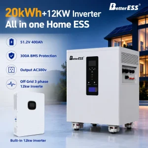20kWh LiFePO4 Home Energy Storage System With 12kW Three Phase Inverter 51.2V 400Ah for Residential Solar Backup Power