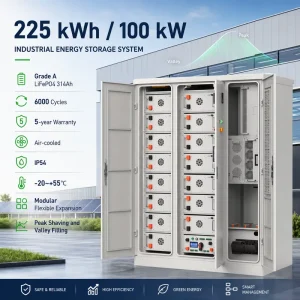 225kWh 100kW Hybrid Inverter Solar BESS Cabinet, Air-Cooled, LFP Battery for Industrial Grid-Tied and Off-Grid Systems