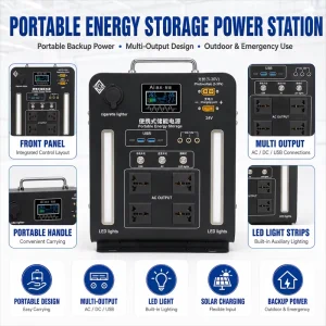 2300W Pure Sine Wave Portable Power Station with LED Light, USB and DC Outputs, and Multi-Protection for Mining Site Emergency Use