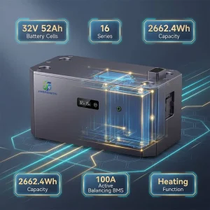 2662Wh 32V LiFePO4 Battery Module 52Ah Cells Active Balance BMS 100A Discharge Heating for Home Solar Storage