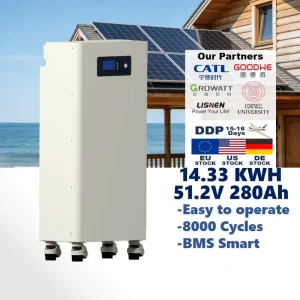 280Ah 14.33kWh IP65 Floor-Mounted 51.2V LiFePO4 Energy Storage Battery with CAN Smart BMS and 10-20kW Output for Hybrid Grid Home Solar