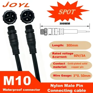 300mm M10 3 Pin Male IP68 Waterproof Molded Solar Power System Outdoor LED Light Power Cable Connector