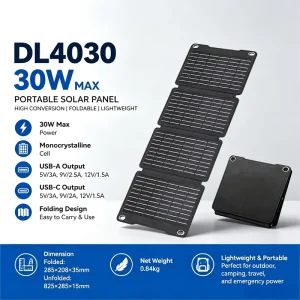 30W High Grade Foldable Solar Panels Waterproof Mono Solar Panels Portable for Outdoor Use