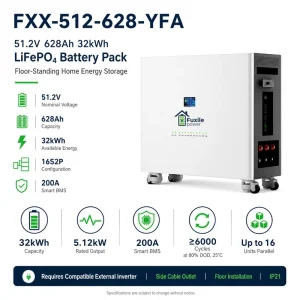 32kWh 51.2V 628Ah LiFePO4 Battery Pack, Floor Cabinet, Side Connection, WiFi Smart BMS, Parallel up to 16 Units