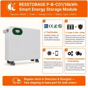 48V 314Ah Stackable LiFePO4 Home Battery 16kWh Energy Storage System for Solar Panel with CAN RS485