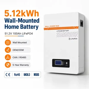 5.12kWh 51.2V 100Ah Wall-Mounted LiFePO4 Battery Pack with CAN Communication for Hybrid Grid Residential Solar Storage