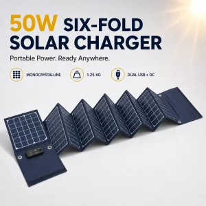 50W Foldable Solar Panel 6 Fold Waterproof Portable Solar Charger with Dual USB QC3.0 and DC 18V Output 8 in 1