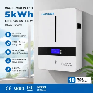 51.2V 100Ah 48V 5.12kWh Wall Mounted LiFePO4 Battery Compatible with Inverter Smart BMS Solar Storage
