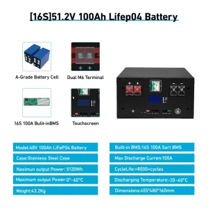 51.2V 100Ah 5kWh LiFePO4 Lithium Iron Phosphate Battery Built in BMS Rack Mounted Solar Energy Storage Battery