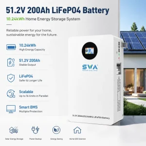 51.2V 200Ah 10kWh LiFePO4 Battery with Touchscreen BMS Wall-Mounted Solar Storage for Home Appliances CAN