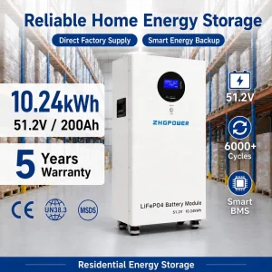 51.2V 200Ah LiFePO4 Battery 10.24kWh High Energy Density Solar Storage Battery for UPS Backup Power Supply Systems