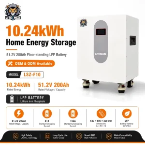 51.2V 200Ah LiFePO4 Floor Stand Battery with CAN Communication Home Portable Power Station for Off Grid Hybrid Solar System