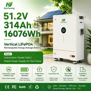51.2V 314Ah Vertical LiFePO4 Battery CAN RS485 Communication Hybrid Inverter Household Solar Storage System