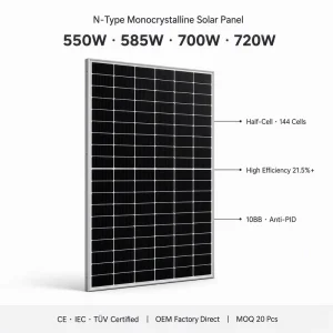 550W 585W 700W Solar Panel Monocrystalline PERC Half Cell N Type High Efficiency Rooftop Commercial CE OEM Factory