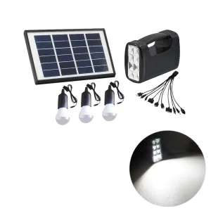 5W Solar Panel Home Lighting Kit with LED Bulb, Phone Chargers, and Emergency Lights