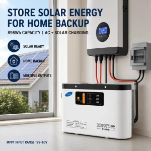 6 1 Portable LiFePO4 Hybrid Grid Power Station 300W AC Output 896Wh 80A MPPT Solar 200W PV Input 12 60V 350W AC UPS Backup IP66