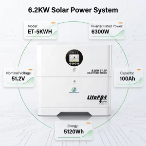 6.2KW 51.2V Stackable Hybrid Grid Solar Inverter System 5kWh LiFePO4 Battery MPPT 7000W PV Input IP30 for Cabin Shed