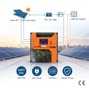 60A MPPT Solar Charge Controller 12V 24V 48V Auto LCD Display 1000W Max PV Hybrid Inverter for Home Solar System