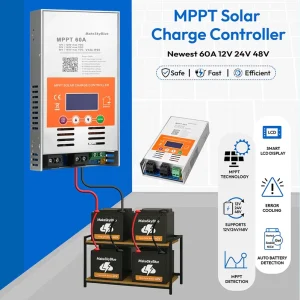 60A MPPT Solar Charge Controller V124 Auto 12V/24V/48V Max 160V DC Input Compatible with Lead-Acid & Lithium Batteries