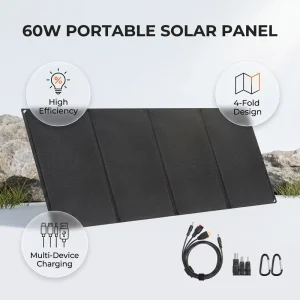 60W Black Portable Folding Solar Panel USB C PD30W 18V DC Output >25% Efficiency 39.2×85.9CM Outdoor Camping Hiking Solar