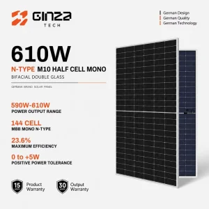 610W N Type Bifacial Double Glass Solar Panels 144 Half Cells IP68 PV Module for Home Commercial Solar System