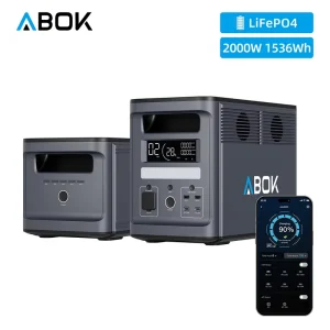 ABOK Expandable 2000W LiFePO4 Portable Station 1536Wh Solar Generator RV Port Solar Panel Pure Sine Wave Jump Starter Home
