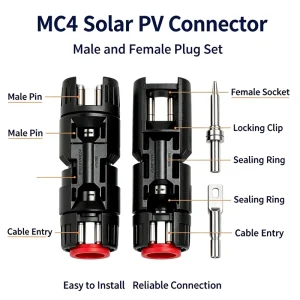 用于太阳能光伏电缆连接器的公母对，镀锡铜触点，ABS外壳，30A 1000V IP67，适用于太阳能发电系统