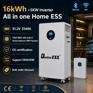 All in One 51.2V 314Ah Lithium Ion Battery 16.07 kWh LiFePO4 Battery Pack with RS485 WIFI Bluetooth Manufacturer